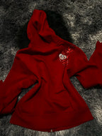 Women Y2K Gothic Zip Up Hoodie Red Faux Fur Collar Embroidery Rhinestone Hooded Jacket Grunge Streetwear Casual Sweatshirt