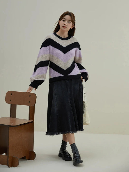 DUSHU Loose Soft Sticky Stripe Knit Shirt Pullovers Winter 2023 New Peruvian Alpaca Wool Inner Layer Knit Pullovers For Women SS69