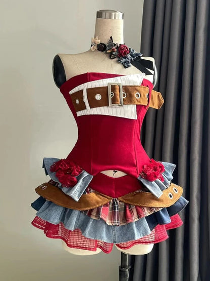 Preppy Style Vintage Red Denim Bustier Tops + Sweet Spicy Pure Design Mini Cake Skirt Women 2 Piece Sets Summer 2025 Korea Style SS69