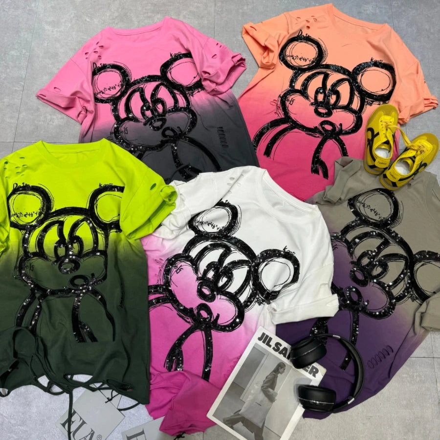 Fashion Heavy Industry Smudge Sequins Cartoon T-shirt Women's Spring and Summer 2025 New Ripped Loose Cotton Short-sleeved Top SS69
