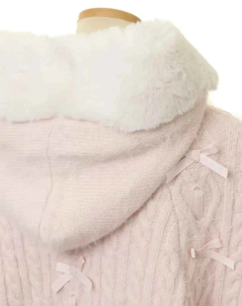 Autumn and Winter Japanese Liz Furry Knitted Cape Coat Sweet Girls Women Mine Series Cute Bow Princess Hooded Kawaii Lolita Coat