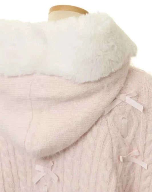 Autumn and Winter Japanese Liz Furry Knitted Cape Coat Sweet Girls Women Mine Series Cute Bow Princess Hooded Kawaii Lolita Coat