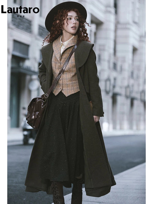 Lautaro Autumn Winter Long Warm Wool & Blends Coat for Women Shawl Collar Single Breasted Elegant Fit and Flare Woolen Overcoat