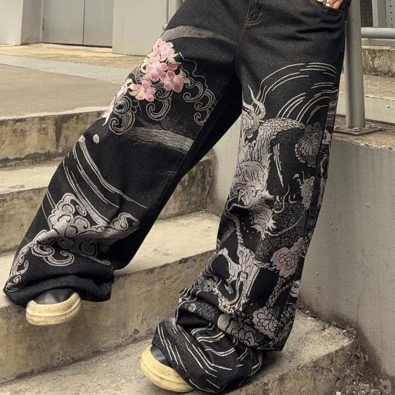 Y2K Cherry Blossom Embroidered Wide Leg Jeans