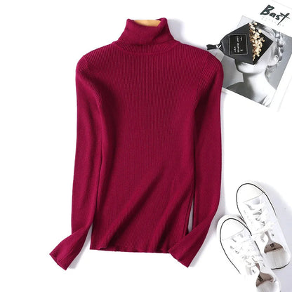 2025 Autumn Winter Women Long Sleeve Knitted Foldover Turtleneck Ribbed Pull Sweater Soft Warm Femme Jumper Pullover Clothes SS69 13.69 One Size / Burgundy