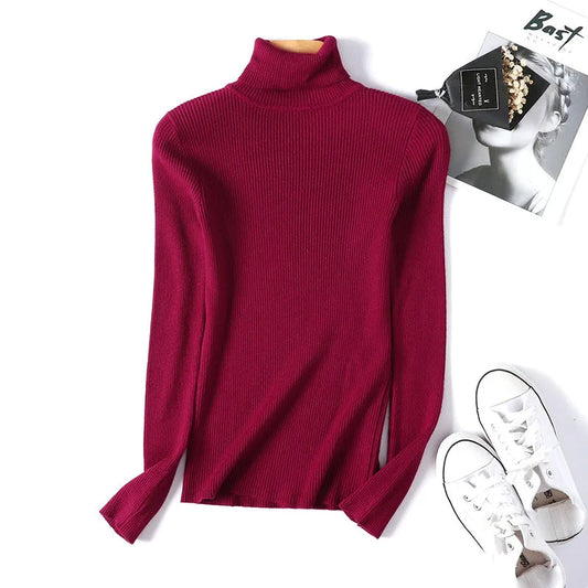 2025 Autumn Winter Women Long Sleeve Knitted Foldover Turtleneck Ribbed Pull Sweater Soft Warm Femme Jumper Pullover Clothes SS69 13.69 One Size / Burgundy
