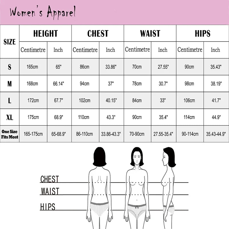 Women's apparel size chart for height, chest, waist, and hips in centimeters and inches.