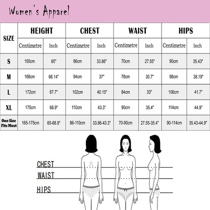 Women's apparel size chart for height, chest, waist, and hips in centimeters and inches.