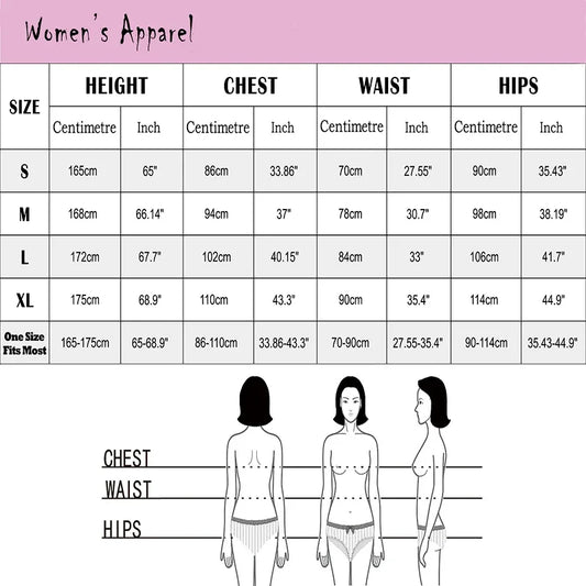 Women's apparel size chart for height, chest, waist, and hips in centimeters and inches.