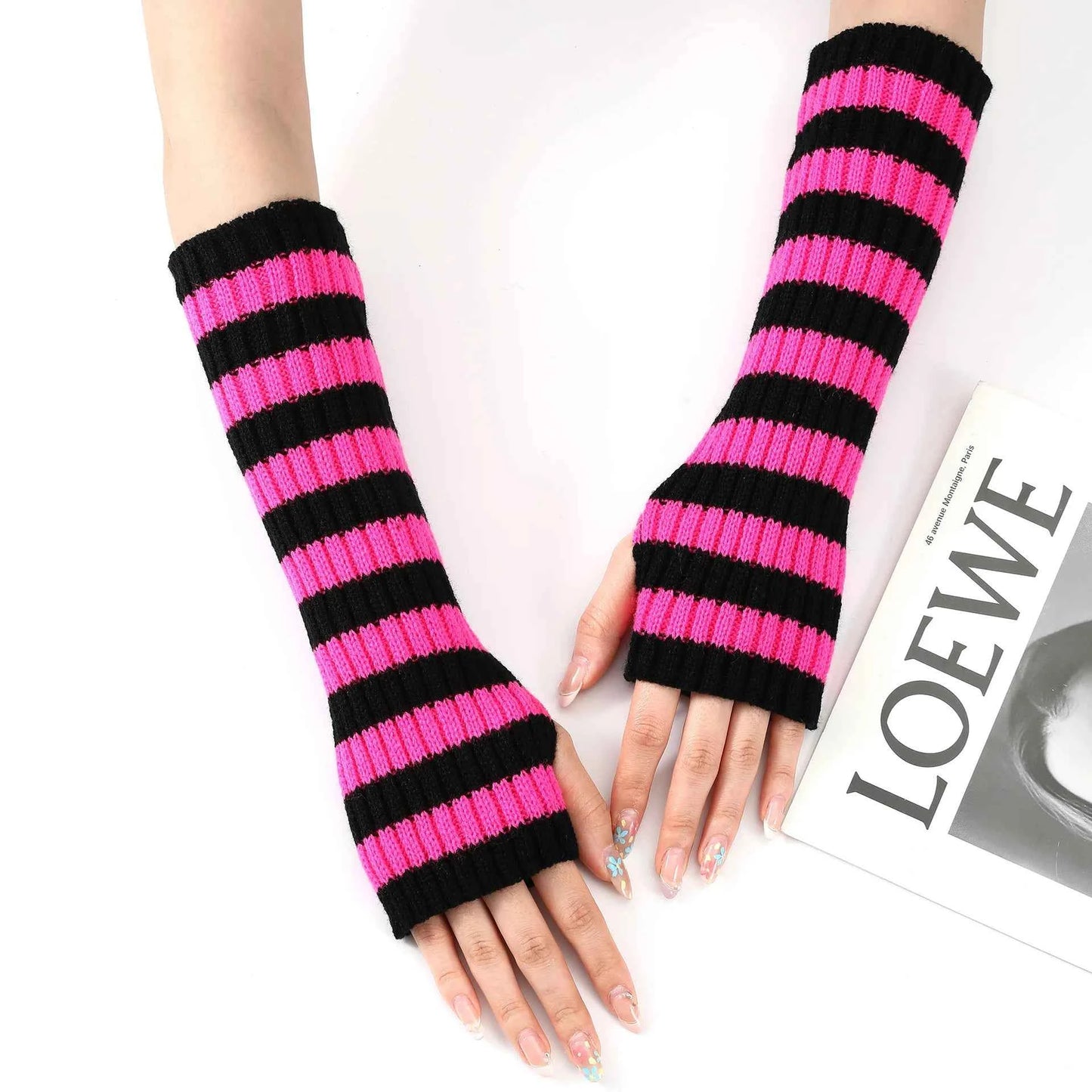 Women's Knitted Fingerless Arm Sleeves Gothic Style Striped Winter Long Arm Warmers Girls Harajuku Y2K Fashion Wrist Gloves