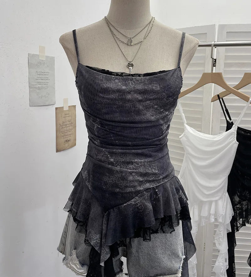 Women's Vintage Tie-dye Printed Mesh Spaghetti Strap Camisole Hot Girl Irregular Ruffled Ribbon Sleeveless Top Partyclub 1185