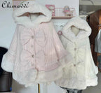 Liz Japanese Sweet Princess Faux Rabbit Fur Cape Coat Autumn Winter Girl Women Fur Jacket Clock Rhinestone Bow Hooded Coat