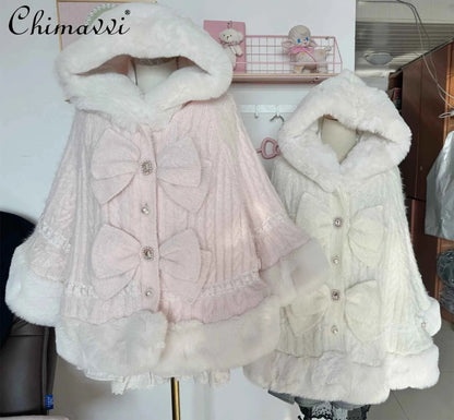 Liz Japanese Sweet Princess Faux Rabbit Fur Cape Coat Autumn Winter Girl Women Fur Jacket Clock Rhinestone Bow Hooded Coat