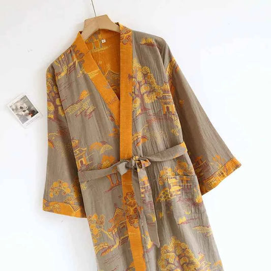Cotton-colored Woven Jacquard Kimono Robes with Belt Loose Men's Long Sleeve Large Size Yukata Sweat-steamed Clothes