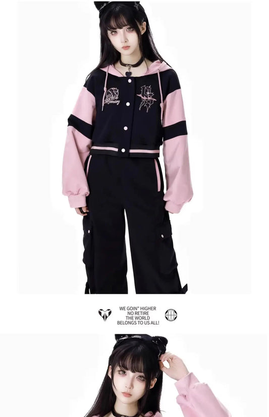 Sweet Cool Embroidery Pink Black Hoodies Baseball Slim Zipper Women Sweatshirt Jacket Loose Casual Trousers Sweet Mini Skirt Set SS69