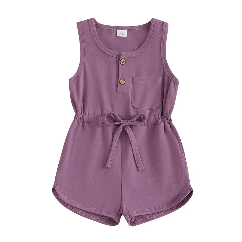 2024-12-04 Lioraitiin Litter Girls Summer Casual Jumpsuit Sleeveless Crewneck Solid Color Drawstring Tank Romper - SS69 