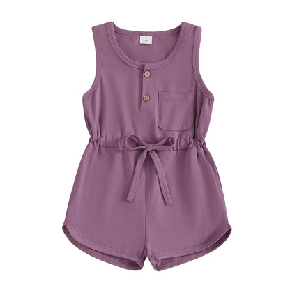 2024-12-04 Lioraitiin Litter Girls Summer Casual Jumpsuit Sleeveless Crewneck Solid Color Drawstring Tank Romper - SS69 