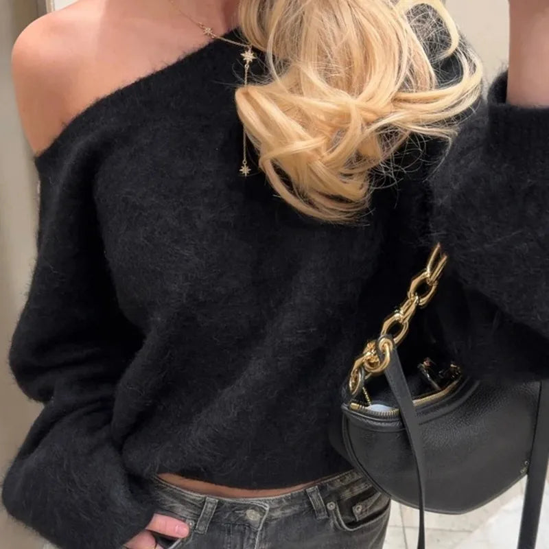 Talenza Women's Plush Pullover Fashion Solid Loose High Street Sweaters Vintage Chic Strapless Autumn Casual Female Pullovers