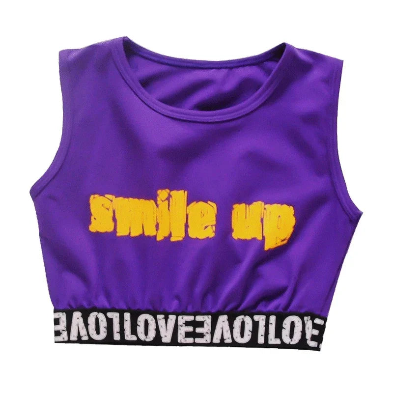 Girls K-Pop Street Dance Outfit: Purple Crop Top & Cargo Pants