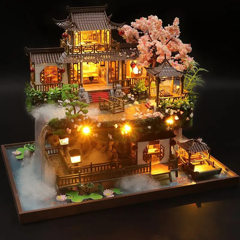 DIY Wooden Chinese Ancient Casa Miniature Building Kits Bookend With Lights Assembled Bookshelf Home Decoration Friends Gifts SS69