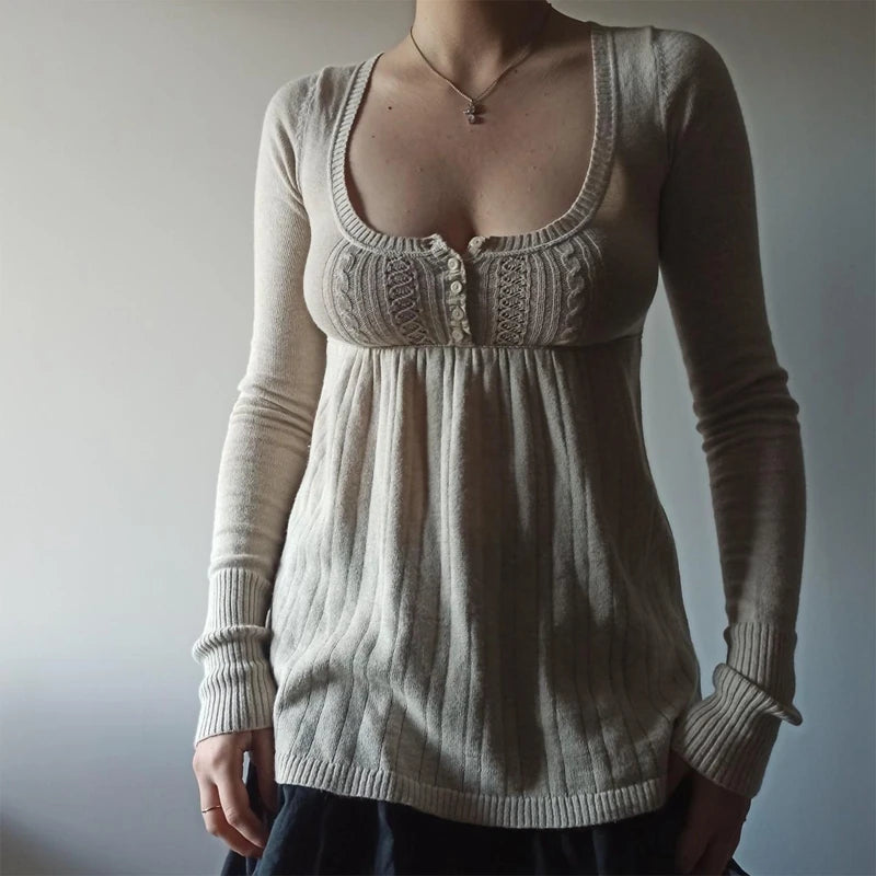 2000s Vintage Long Sleeve Babydoll Knitted Sweater Tops Cottage Milkmaid Pullovers Aesthetic Grunge Y2k Knitwear T-shirts Women SS69