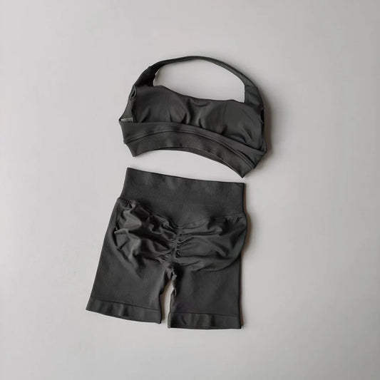 2 Pieces Yoga Suit for Women Seamless Fitness Gym Clothes Halter Sports Bra Matching Impact Shorts Workout Sets Gym Outfit SS69 18.69 Dark Grey / M / CN