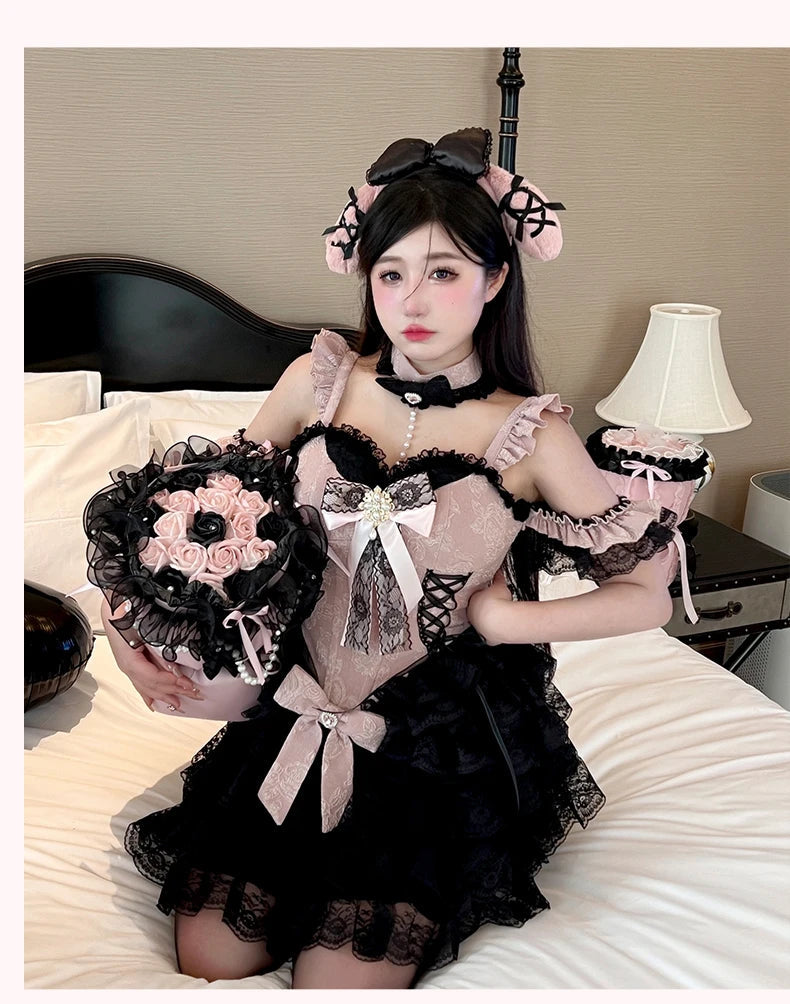 2024 New Spring Summer Ladies Exquisite Lace Skirt Suit Lolita Sweet Womens Black Pink Bow Tube Top Sling Short Cake Skirt Set SS69
