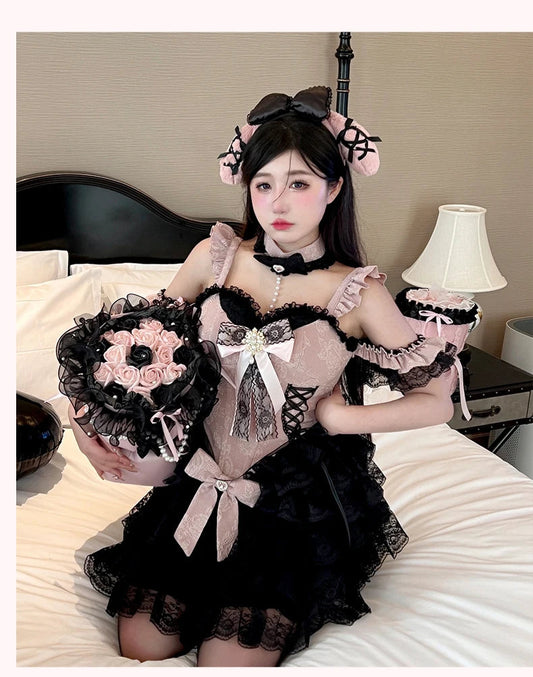2024 New Spring Summer Ladies Exquisite Lace Skirt Suit Lolita Sweet Womens Black Pink Bow Tube Top Sling Short Cake Skirt Set SS69