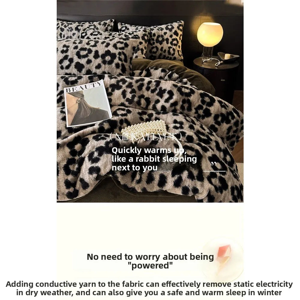 Leopard Print Plush Quilt Cover Set - Warm Coral Fleece