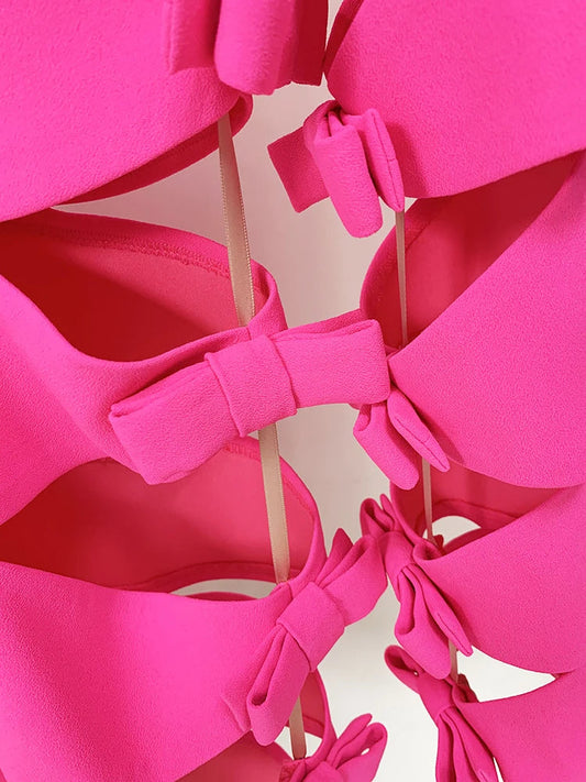 HIGH STREET 2024 New Stylish Designer Party Wear Women's Star Style Sexy Hollow Out Bow Dress Fluorescence Pink SS69