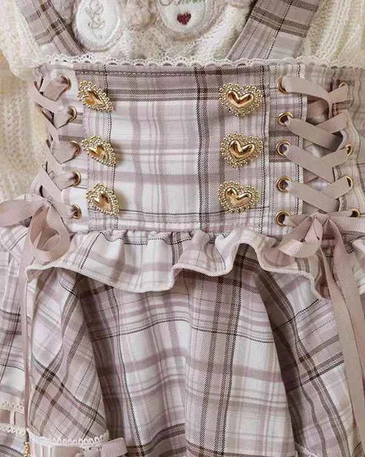 Original Japanese Mines Lolita Strap Skirts Women High Waist and Thin Frilly Pleated Skirt College Style Liz Girl Plaid Skirt