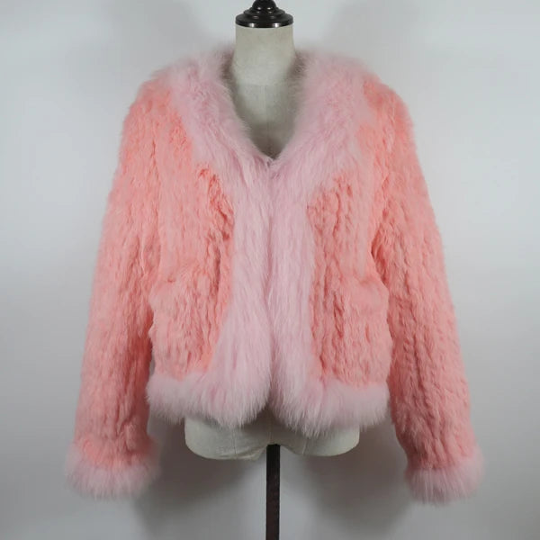 New Women Autumn Winter Knitted Real Rabbit Fur Coat 100% Natural Rabbit Fur Jacket With Fox Fur Collar Overcoat For Female