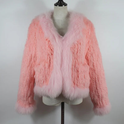 New Women Autumn Winter Knitted Real Rabbit Fur Coat 100% Natural Rabbit Fur Jacket With Fox Fur Collar Overcoat For Female
