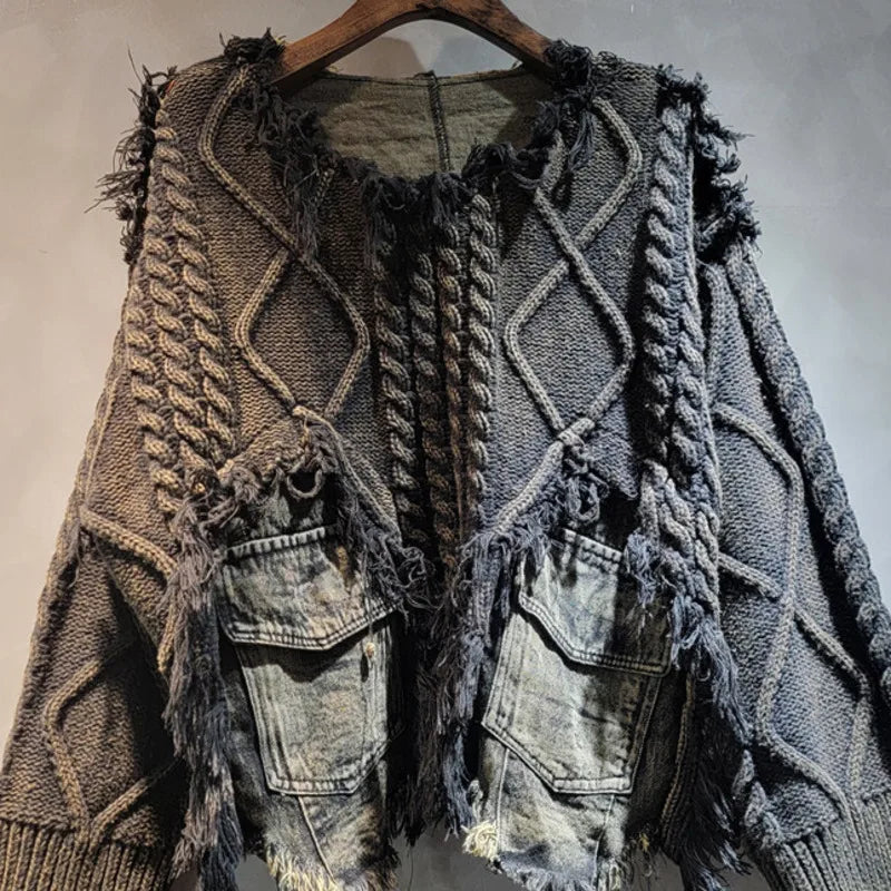 [EWQ] Vintage Long Sleeve Denim Pockets Patchwork V-Neck Orange-red Sweater Loose Tops Old Designs Women Pullover Knitted 6U1329 SS69