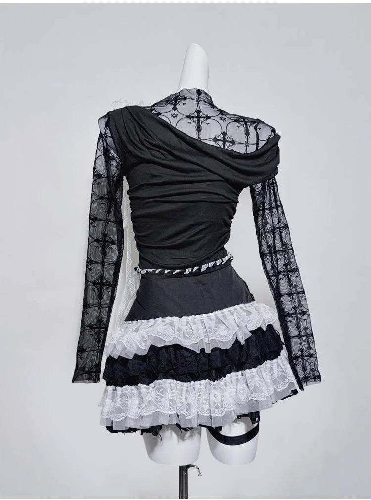 Original Design Punk Rock Cross Patch Long Sleeve Slash Tshirt Gothic Women Subculture Lace Ruffled Holloween Tee Tops Clothing SS69
