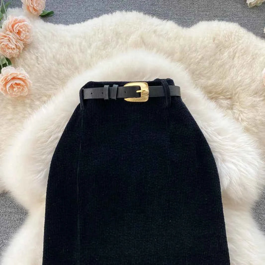 SINGREINY Women Korean Split Sexy Long Skirt 2024 Winter Corduroy Slim Thick Streetwear Fashion Vintage Autumn Bodycon Skirt