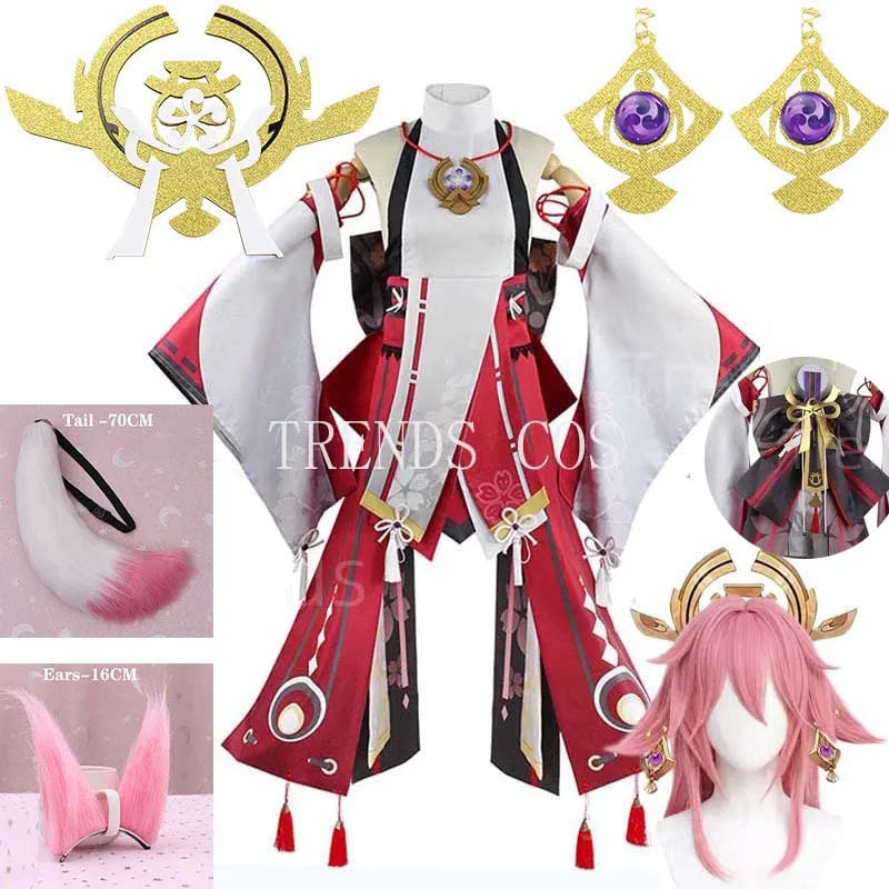 Genshin Impact Yae Miko Cosplay Costume with Wig, Ears, and Tail