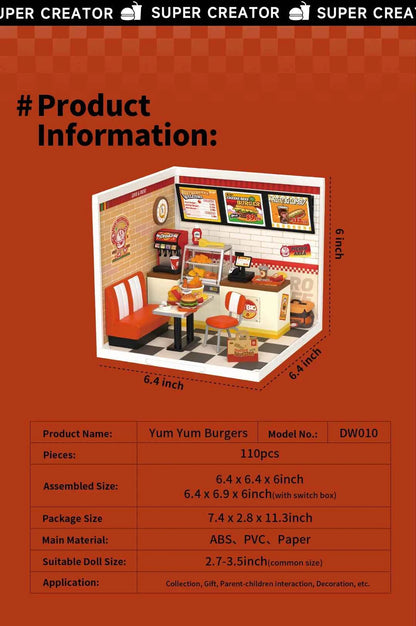 Robotime Rolife Super Creator Series Plastic Dollhouse Building Blocks for Kids Yum Burgers Leisurely Cheers Bar Sweet Sips Tea