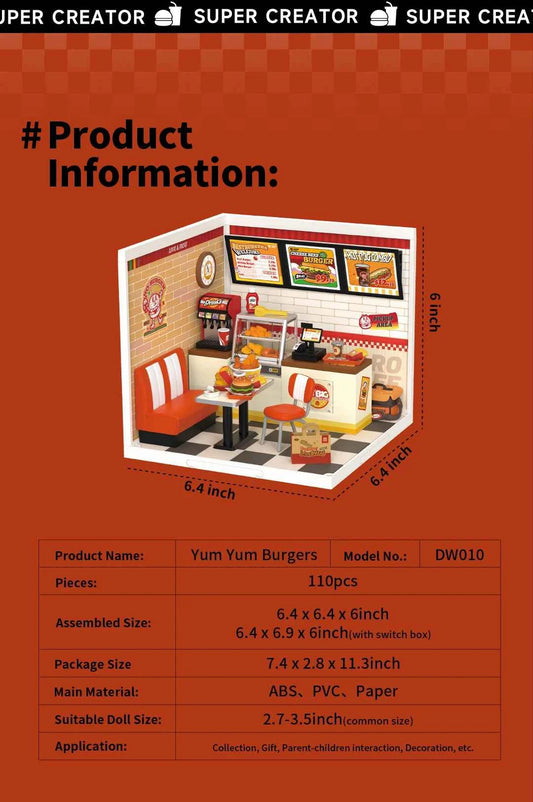 Robotime Rolife Super Creator Series Plastic Dollhouse Building Blocks for Kids Yum Burgers Leisurely Cheers Bar Sweet Sips Tea
