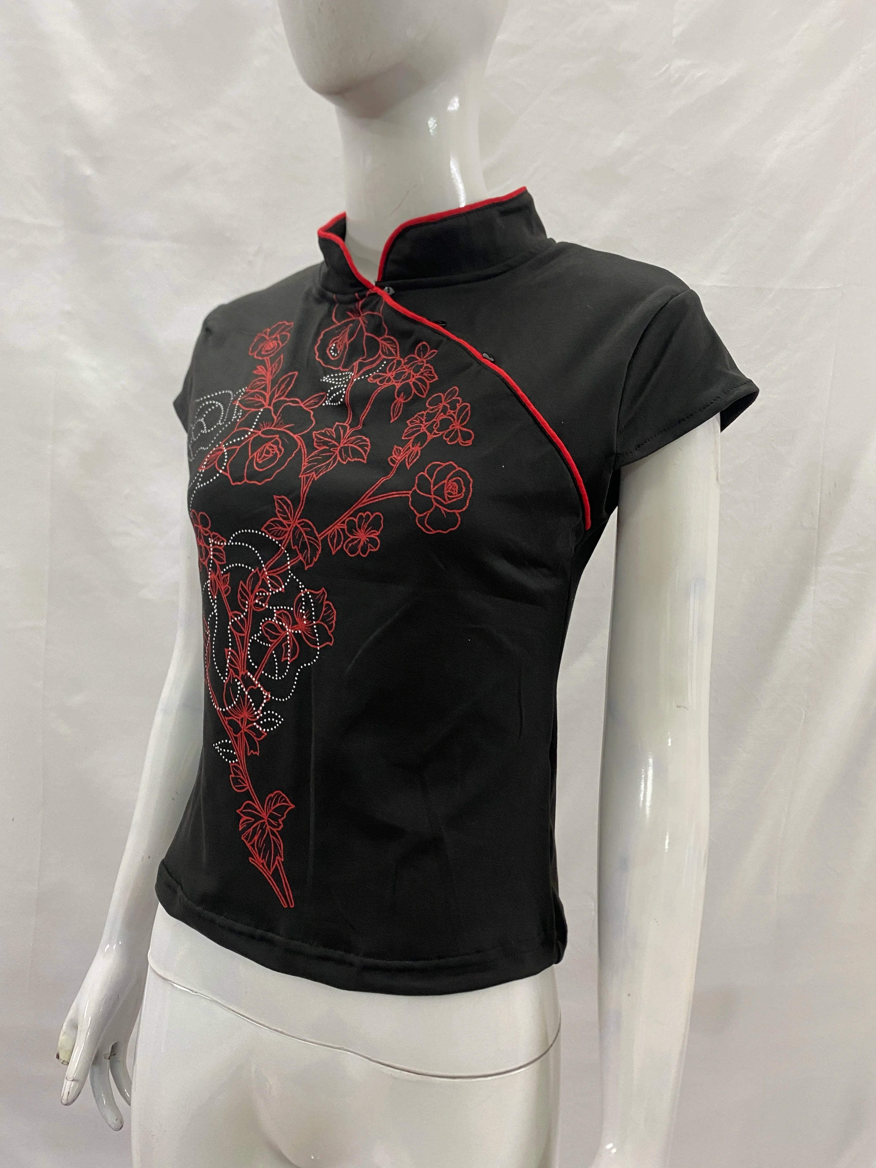 Women's Beige Chinese Style Cheongsam Blouse Vintage Mandarin Collar Short Sleeve Crop Top with Frog Button Keyhole Asymmetrical