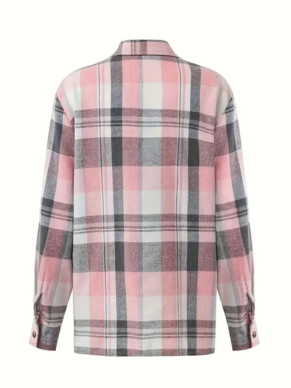 Women Plus Size Fashion Plaid Printed Shirt Casual Loose Long Sleeved Shirt  Lapel Design Shirt Tops SS69