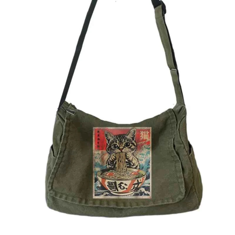 Japanese Printed Canvas Bag Large Capacity Hobo Bag Unisex Shoulder Bag Retro Women's Crossbody Shoulder Bag Commuting
