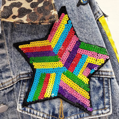 Sequins Loose Denim Jacket Girls Students High Street Party Jeans Coats Women 2023 New Female Nightclub Outwear Chaqueta Mujer SS69