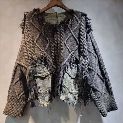 DEAT Women's Patchwork Denim Pullover Sweater, Long Sleeve Loose Knit Top