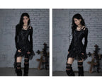 NO ROMANCE Fairy Sexy Punk Printing Half Transparent Lace Patch Knitted Long Sleeve Hooded Dresses Rock Gothic Design Vestidos SS69