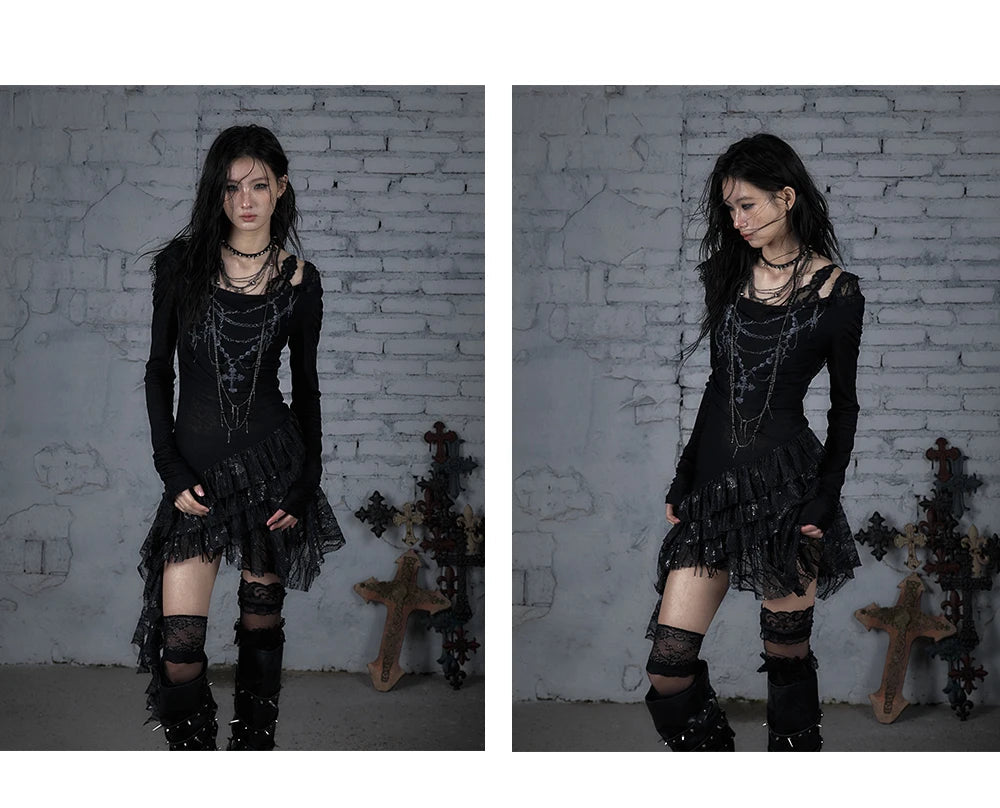 NO ROMANCE Fairy Sexy Punk Printing Half Transparent Lace Patch Knitted Long Sleeve Hooded Dresses Rock Gothic Design Vestidos SS69