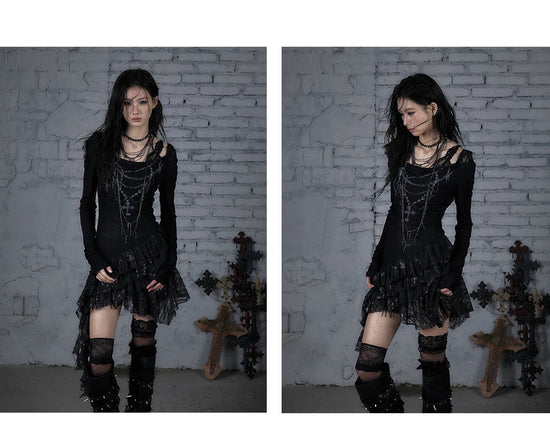 NO ROMANCE Fairy Sexy Punk Printing Half Transparent Lace Patch Knitted Long Sleeve Hooded Dresses Rock Gothic Design Vestidos SS69