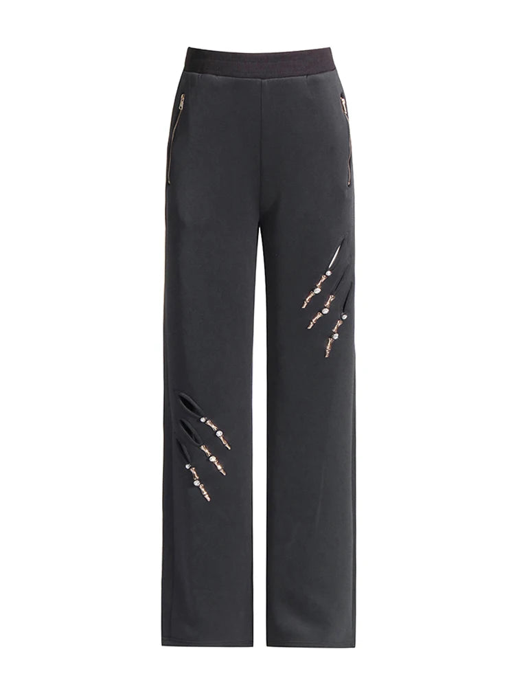 Solid Patchwork Diamonds Designer Wide Leg Pants For Women High Waist Patchwork Pockets Hollow Out Chic Pant Female SS69