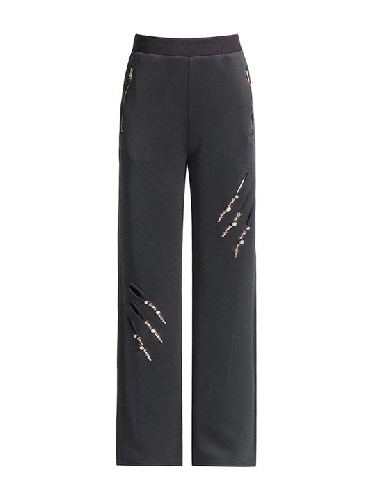 Solid Patchwork Diamonds Designer Wide Leg Pants For Women High Waist Patchwork Pockets Hollow Out Chic Pant Female SS69