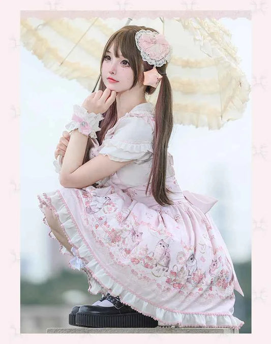 Original New Spring Summer Cute Print Short-sleeved Lolita OP Dress Japanese Sweet Girl Mass-produced Kawaii Bow Short Dresses